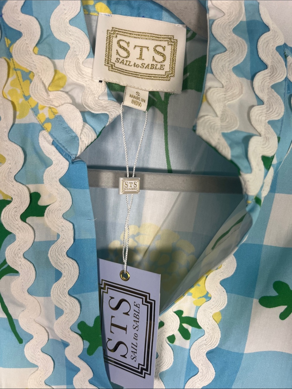 Sail to sable NWT blue yellow white floral gingham cotton kaftan dress sz s - Picture 3 of 9